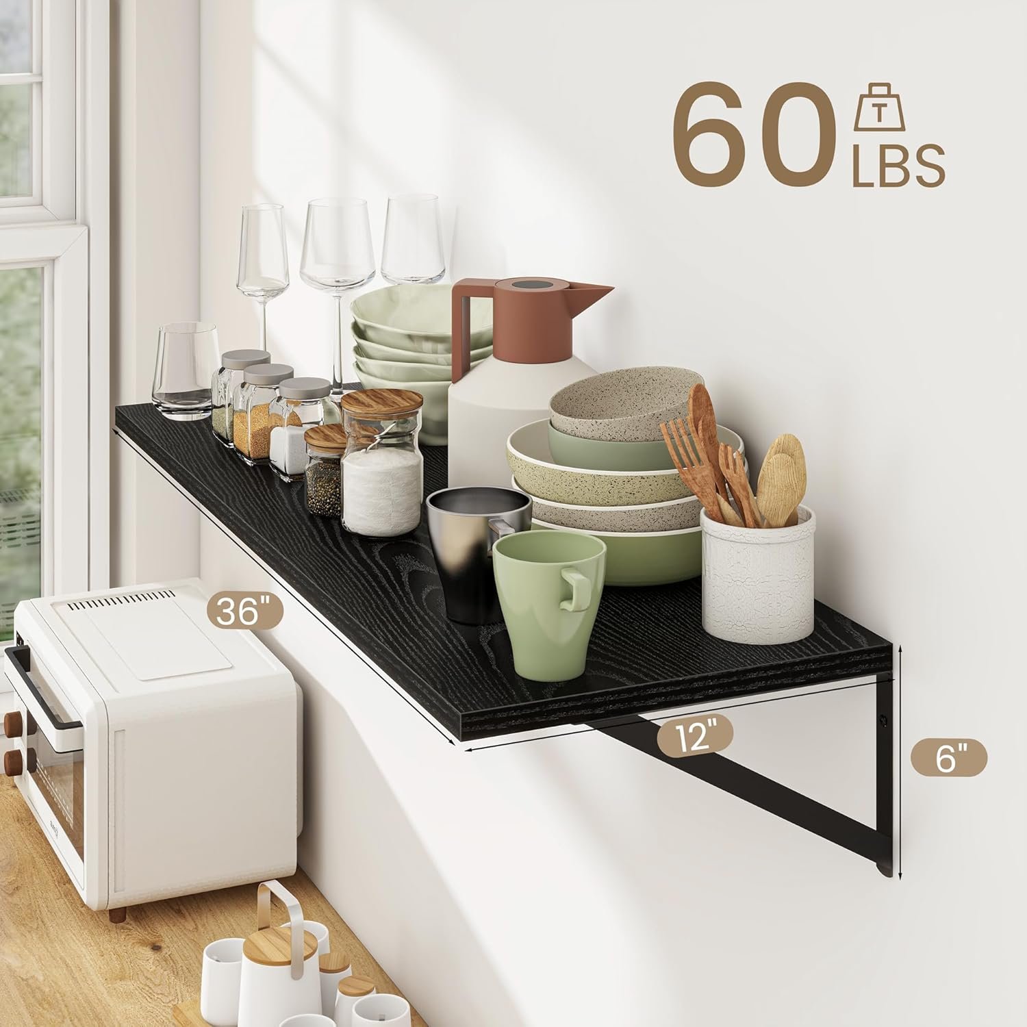 Dreamland Wall Shelves Black, Large Floating Shelf 12 * 36 inch Set of 2 Wall Shelves for Dorm, Bookshelf, Living Room, Bedroom, Bathroom - Image 3