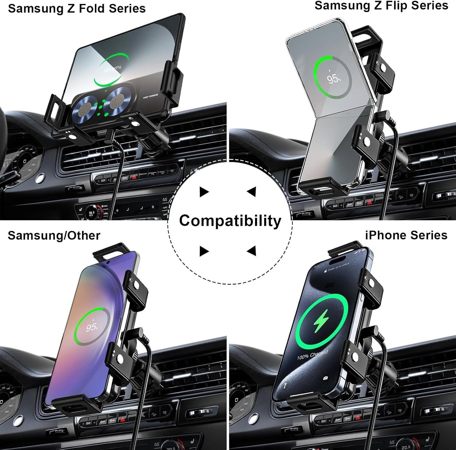 Wireless Car Charger Mount, 15W Dual Coil One-Touch Rotatable Car Phone Holder Wireless Charger for Samsung Galaxy Z Fold 7/6/5/4/3/2, Z Flip, S25/S24/S23/S22, iPhone, Car Charger Included - Image 2