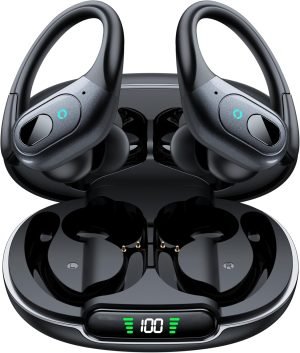 occiam Active Noise Cancelling Ear Buds Wireless Earbuds Bluetooth Headphones with 90Hrs Playback Stereo Bass Over-Ear Hooks IPX7 Waterproof Earphones for Sports Gym Running Workout Black