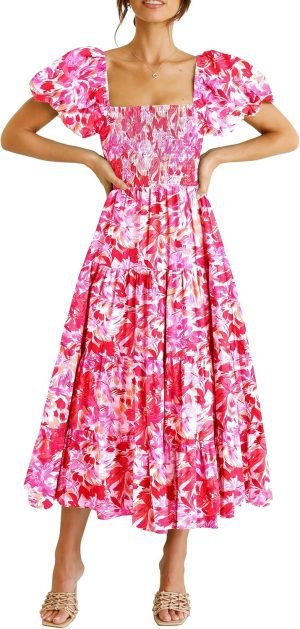 PRETTYGARDEN Women’s Casual Summer Midi Dress Puffy Short Sleeve Square Neck Smocked...