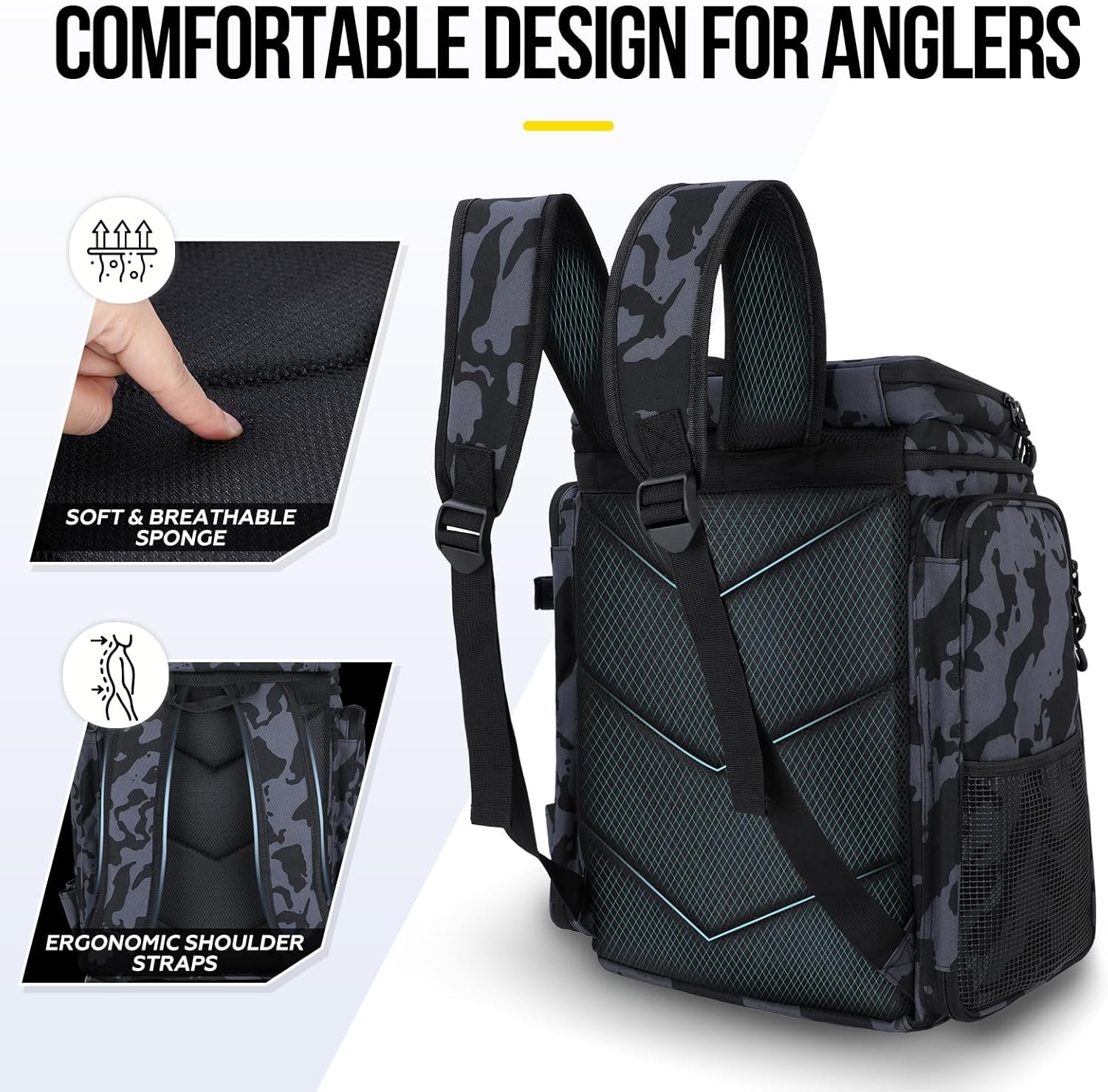 PLUSINNO Fishing Backpack with Rod Holders Tackle Box, 42L Large Water-resistant Fishing Tackle Bag Store Fishing Gear - Image 6