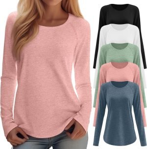 5 Pack Women’s Long Sleeve T-Shirts Crew Neck Raglan Loose Fit Casual Shirts Side Split Curved Hem Tunic Tops