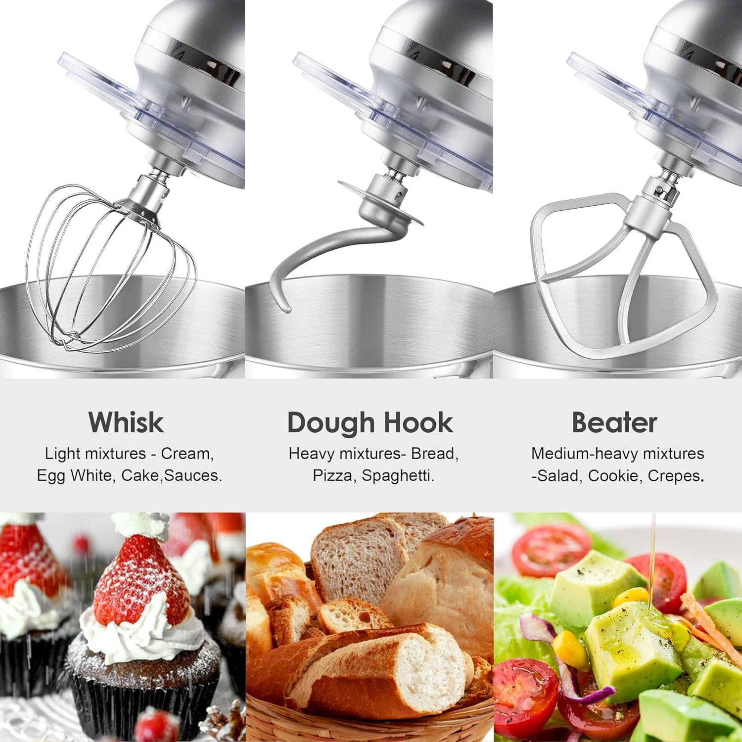 Aucma Stand Mixer,6.5-QT 660W 6-Speed Tilt-Head Food Mixer, Kitchen Electric Mixer with Dough Hook, Wire Whip & Beater (6.5QT, Silver) - Image 5