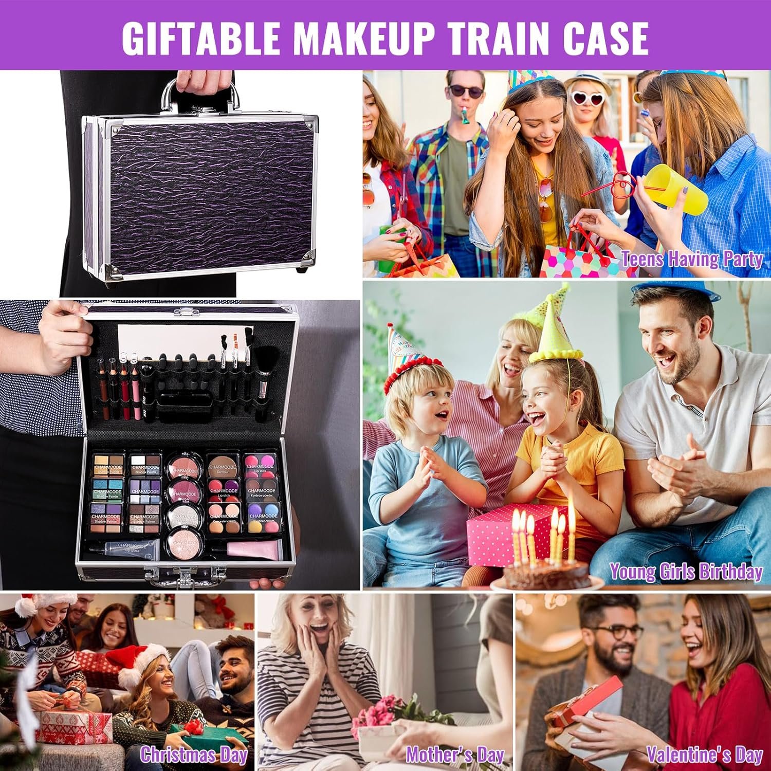 Makeup Kit for Teen Girls & Women Full Kit, Beauty Train Case with Starter Cosmetic Set, Make Up Christmas Gift Box with Eyeshadow,Lipgloss,Highlighter,Blush,Lip&Eye Pencils,Brush & More(Purple) - Image 5