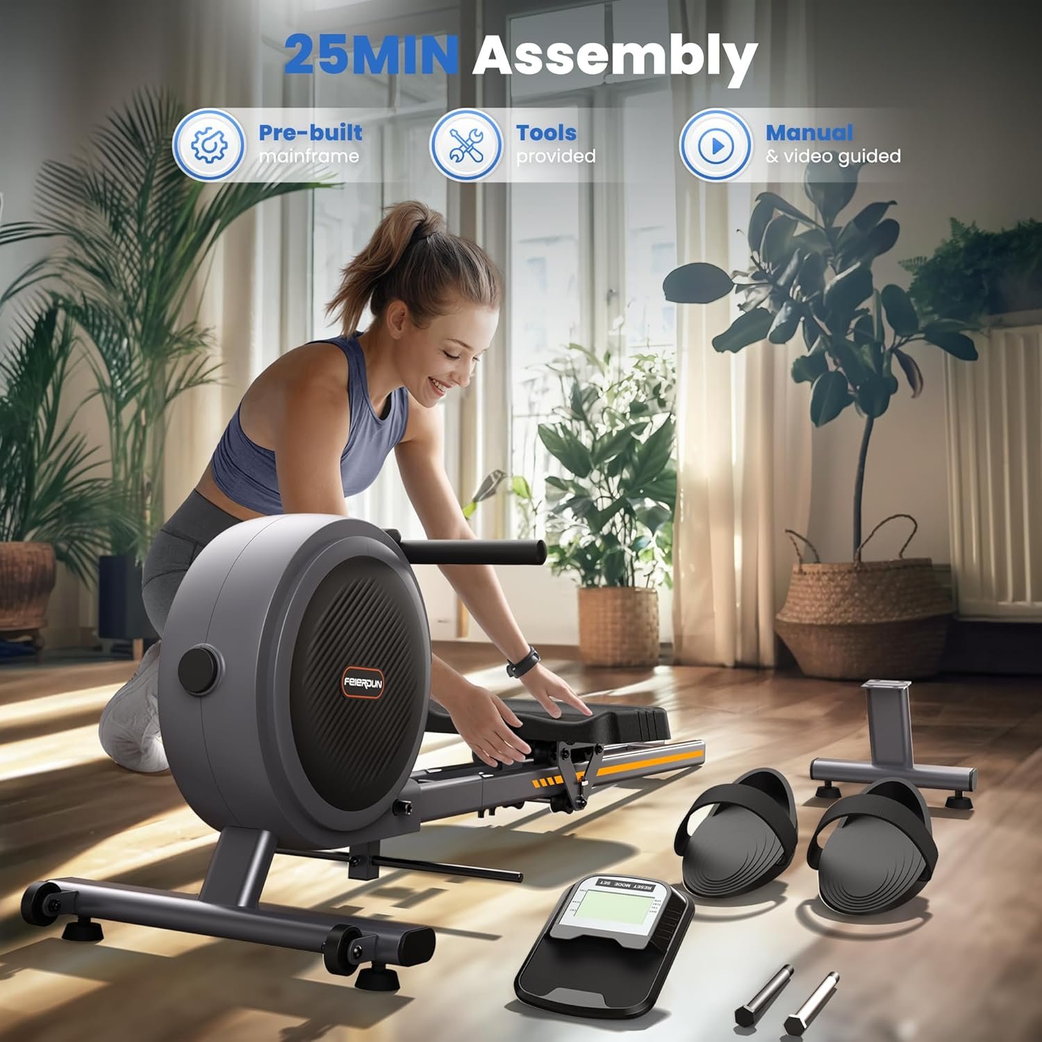 FEIERDUN Rower Machine, Compact Rowing Machines for Home with 350LBS Loading Capacity, Magetic Rower Machine for Home with APP, Row Machine with Dual Slide Rail - Image 9