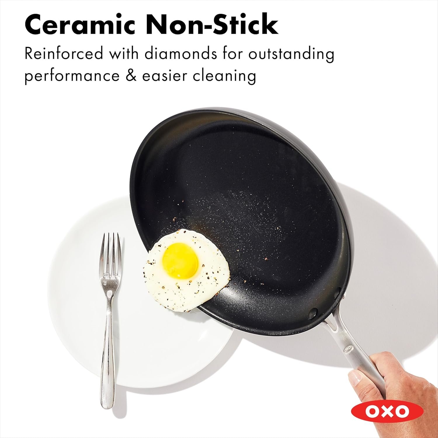 OXO Enhanced 10" Frying Pan Skillet, PFAS-Free Ceramic Nonstick, Durable Hard Anodized Cookware, Scratch Resistant, Stainless Steel Handle, Good Grips, Dishwasher Safe, Oven safe, Black - Image 2