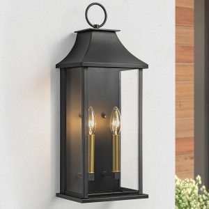 Dusk to Dawn Outdoor Wall Lantern 2-Light, 20.6″ Large Outside Wall Sconce, Modern Black Wall Light Fixture with Glass, Waterproof Exterior Lamp for House, Porch, Garage