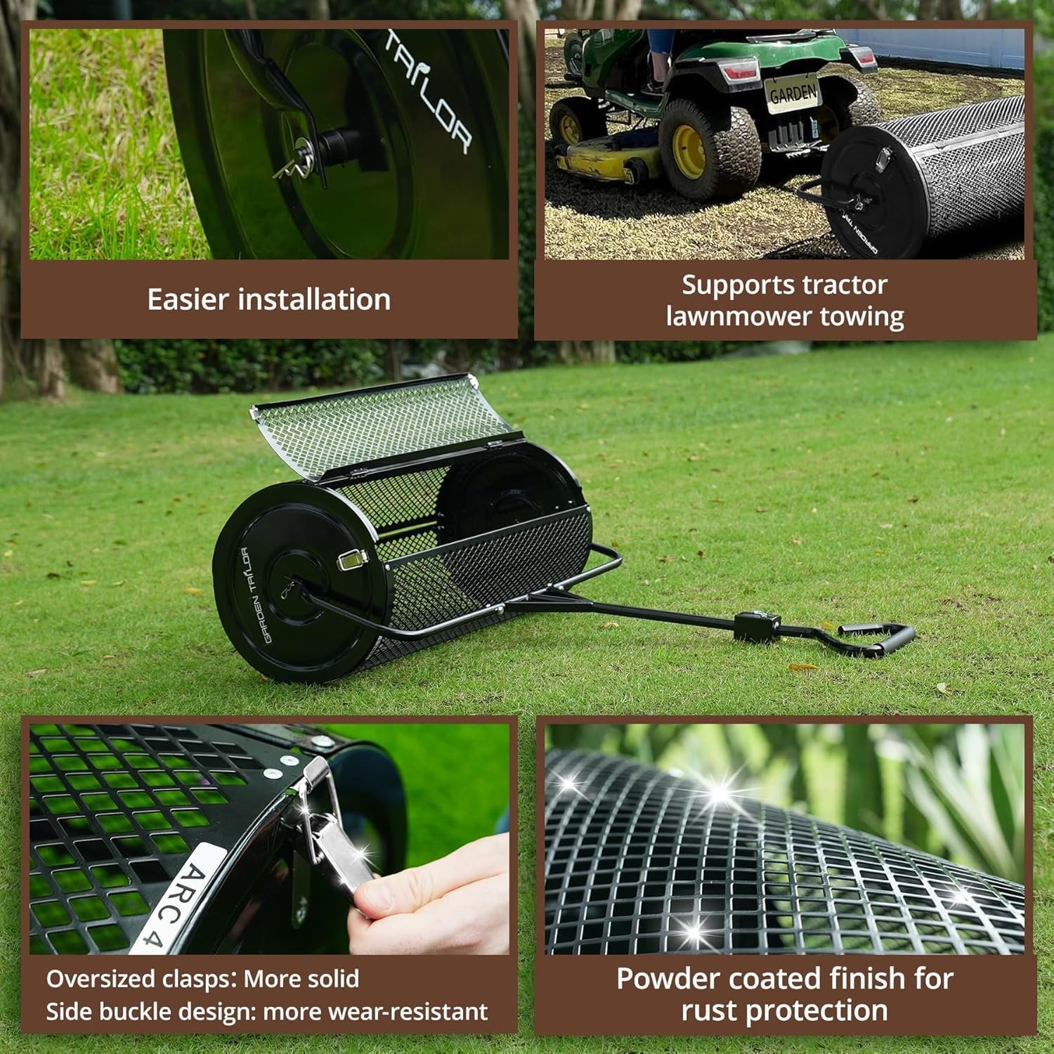 Compost Spreader 44 Inch Towable Peat Moss Spreader with Installation Accessories, Metal Mesh Roller Lawn Spreader for Top Soil, Manure, Mulch, Top Dressing - Garden spreaders for lawns - Image 3