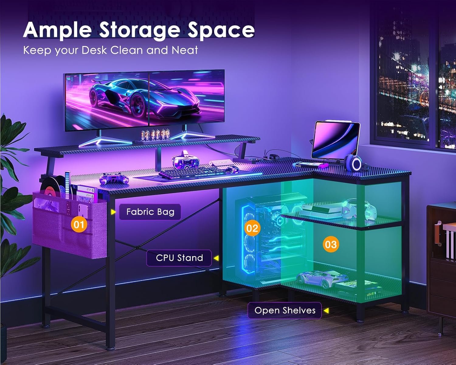 ODK 48 Inch Gaming Desk with USB Charging Ports and LED Lights, Reversible L Shaped Computer Desk with Storage Shelves & Monitor Stand, Corner Gamer Desk Table with Power Outlets, Black - Image 7