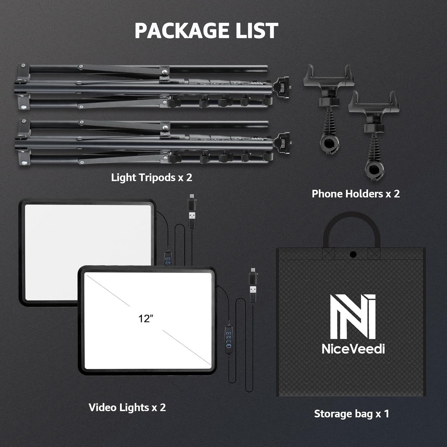 2-Pack LED Video Light Kit, NiceVeedi Studio Light, 2800-6500K Dimmable Photography Lighting Kit with Tripod Stand&Phone Holder, 73" Stream Light for Video Recording, Game Streaming, YouTube - Image 8