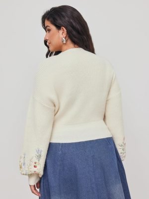 CIDER Knit Sweater Women Floral Embroidery Crew Neck Crop Top Oversized Long Sleeve Pullov...