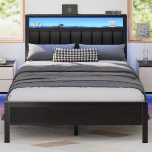 Furnulem Full Size Bed Frame with Charging Station and LED Lights, Platform Bed with Metal Slats, Grey Upholstered Headboard with 2-Tier Storage Shelves, No Box Spring Needed