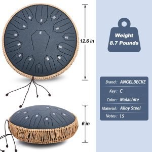 Steel Tongue Drum – 13 Inch 15 Notes C-key Handpan Drum Percussion Instruments with Music Book for Musical Education Entertainment Meditation Concert Mind Healing Yoga Zen (Navy Blue)