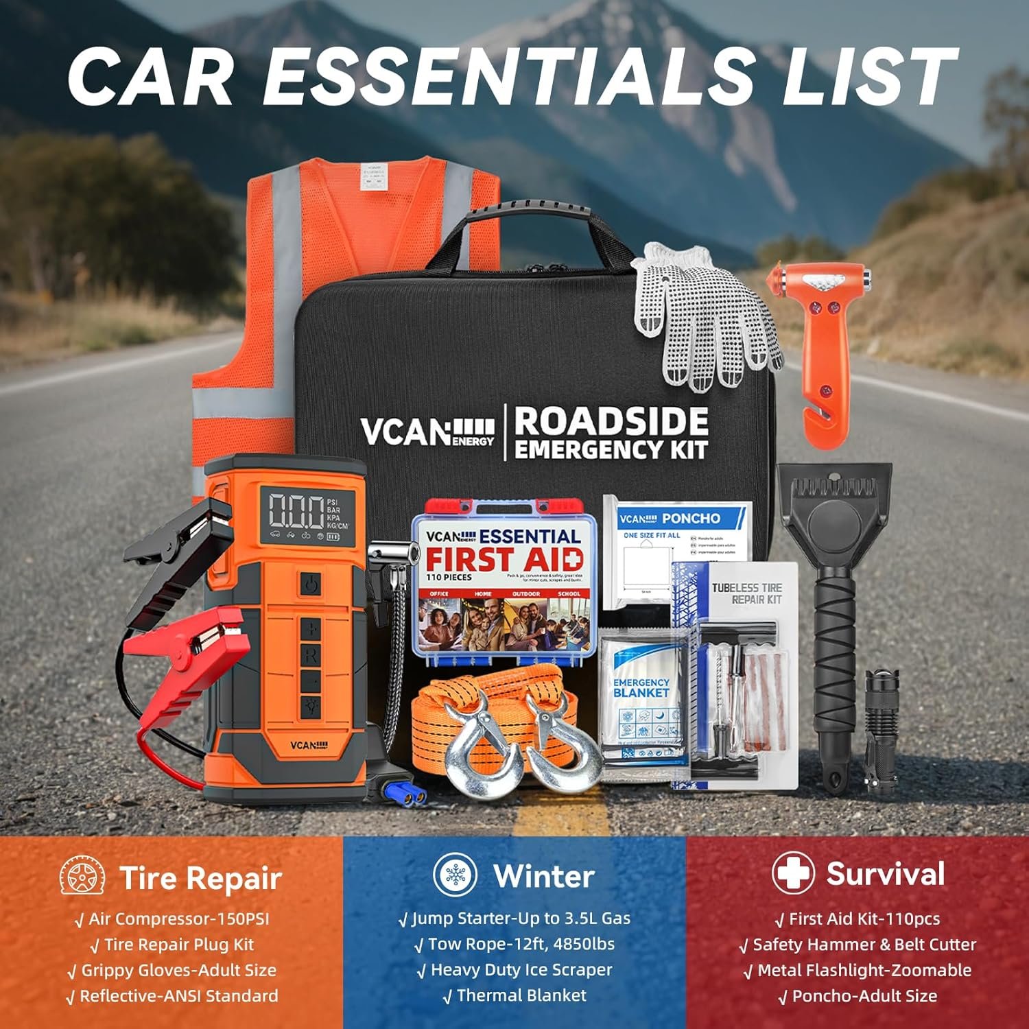 Jump Starter with Air Compressor, VCANENERGY Roadside Emergency Car Kit with 12V Portable Battery Jump Starter & Tire Inflator for Cars, Trucks, SUVs-Car Emergency Kit for Women, Men, Teen - Image 7