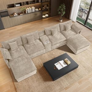 145″ U Shaped Cloud Couch Sectionals Comfy Camel Sectional Couches for Living Room Modern Fluffy Oversized Modular Sofas, Chenille Large Big 6 Seat Sofa Set USB Port Central Console Ottoman