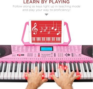 Best Choice Products 61-Key Beginners Complete Electronic Keyboard Piano Set w/Lighted Keys, LCD Screen, Headphones, Stand, Bench, Teaching Modes, Note Stickers, Built-In Speakers – Pink