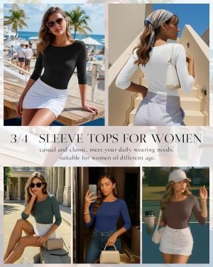 Ficerd 5 Pack 3/4 Sleeve Tops for Women Tight Boat Neck T Shirts Slim Fit Three Quarter Sl...