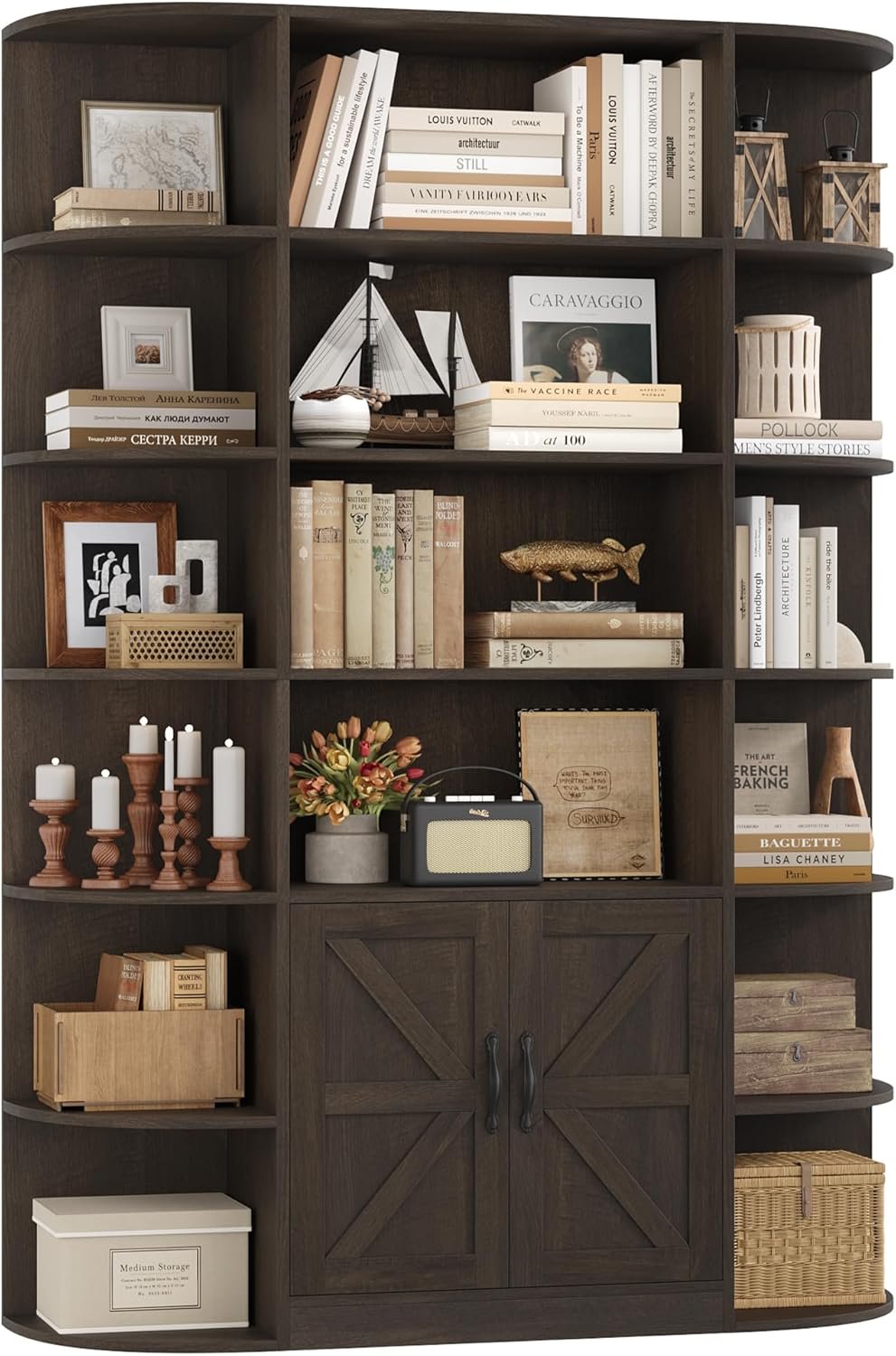 HOSTACK 75" Tall Book Shelf and Bookcase, 6 Tier Bookshelf with Storage, 47" Wide Bookcase with Doors, Freestanding Wood Display Shelves with Book Storage Cabinet for Home Office, Dark Brown