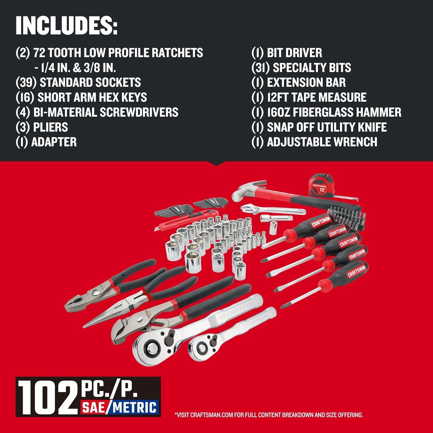 CRAFTSMAN 102-Piece Tool Kit for Home and Car, Durable Hand Tools Set with SAE and Metric Socket Set, Screwdrivers, Wrench, Hammer, Pliers, Knife, Hex Keys, Specialty Bits, Tape Measure (CMMT99449) - Image 3
