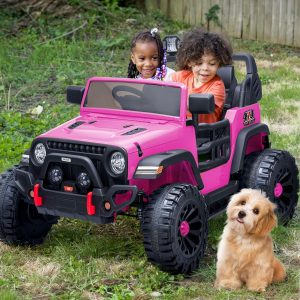 2 Seater Ride on Toy Car for Kids, 24V 4×4 Ride-on Truck Kids Electric Car w/Remote Control, 4x200W Motors – Hot Pink
