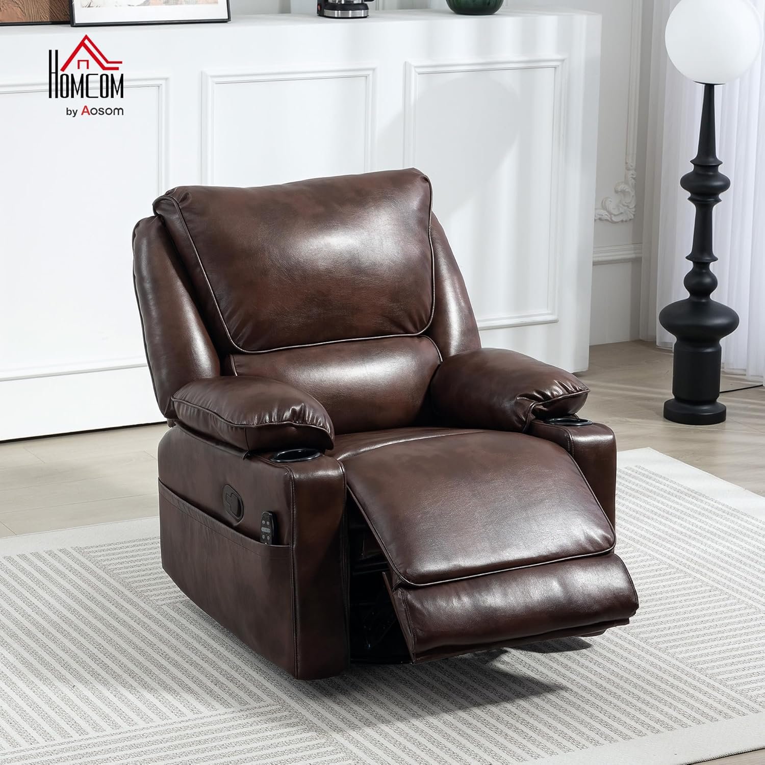 HOMCOM Swivel Rocker Recliner Chair with Vibration Massage and Heat, Oversized PU Leather Ergonomic Lounge Chair with Footrest, Remote, Cup Holders and Side Pockets for Living Room, Brown - Image 2