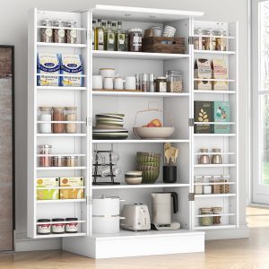 47” Pantry Cabinet, Kitchen Pantry Storage Cabinet with Doors and Adjustable Shelves,Freestanding Buffet Cupboards Sideboard for Living Room and Dinning Room (White)