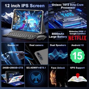 2025 12 Inch Tablet, Android 15 Tablets with Keyboard, 24GB+256GB+2TB Expand, 2K Display, Tablet PC with 5G WiFi, Octa-Core, 8000mAh, BT5.0, GMS, GPS, 2 in 1 Tablets with Case, Mouse, Stylus(Silver)