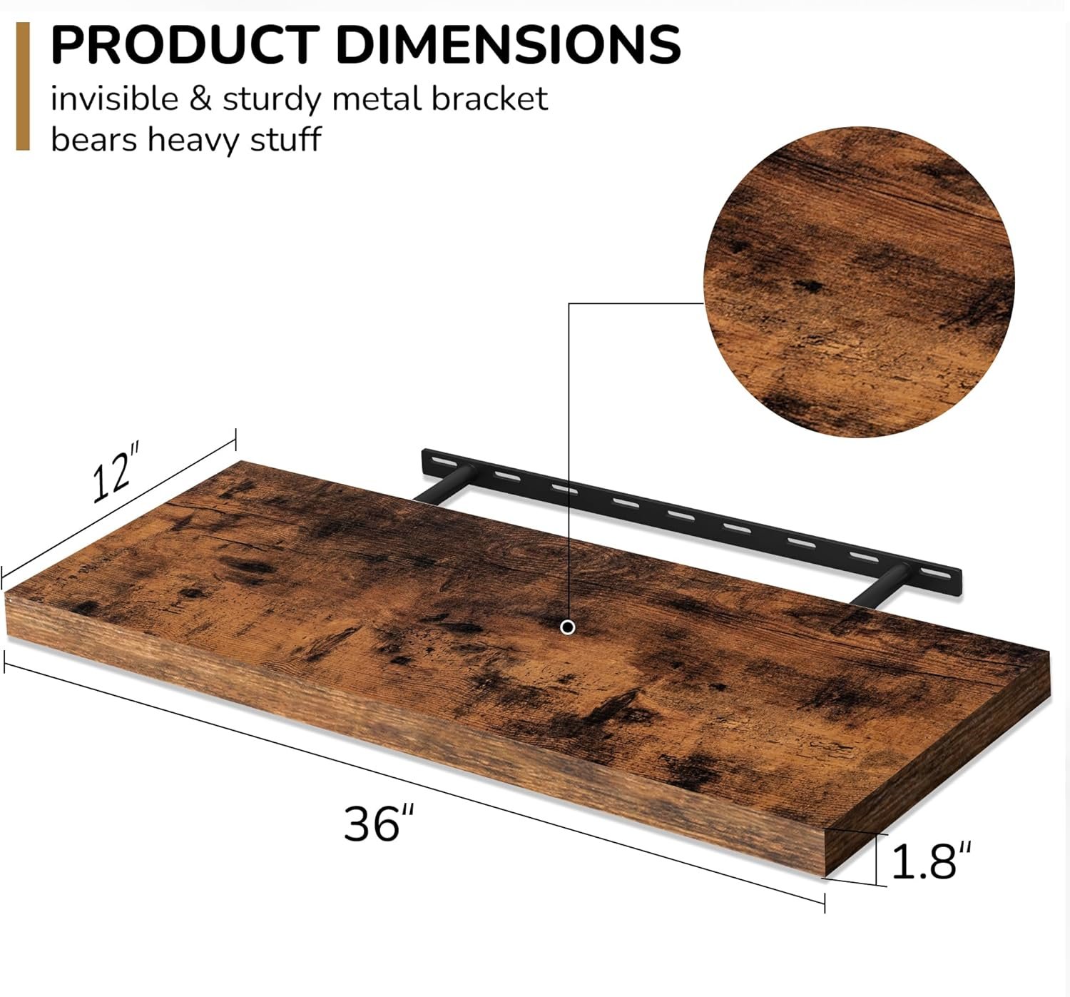 Fun Memories Floating Shelves - 2 Pack 12 Inch Rustic Wooden Wall Shelves - Extra Deeper & Thicker Wall Mounted Storage Shelf for Living Room, Kitchen, Farmhouse - 36" W x 12" D x 1.8" H - Brown - Image 3