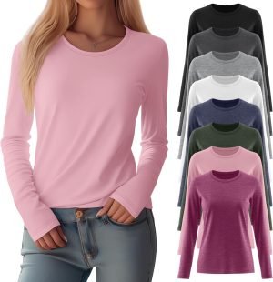 8 Pack Womens Long Sleeve Shirts Casual Basic Tops Crew Neck Undershirts Stretch Layering Tee Shirts 2025 Fall