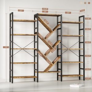 70×70″ Triple 5 Tier Book Shelf, Large Wooden Bookcase with 17 Open Display Shelf, Modern Tree Bookshelf Metal Frame Tall Book Case Furniture for Living Room Bedroom Home Office Rustic Brown
