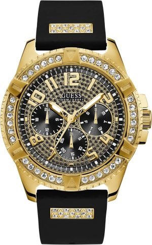 GUESS Comfortable Gold-Tone Black Stain Resistant Silicone Watch with Crystal Embellished Day, Date + 24 Hour Military/Int’l Time. Color: Black (Model: U1132G1)