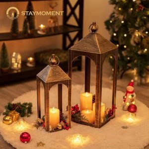 Large Outdoor Lanterns for Porch: 23″ & 17″ Set of 2 Floor Lantern Decorative Indoor Candle Holder for Front Porch Patio Fireplace Vintage Home Decor