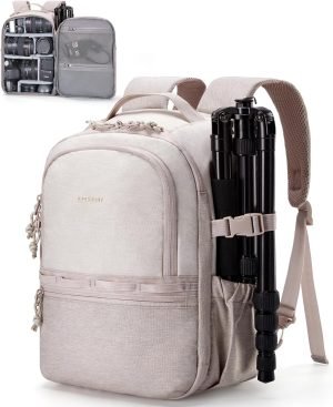 BAGSMART Camera Backpack, DSLR SLR Small Camera Bags for Photographers Compatible for Sony Canon Nikon, Shoulder Strap 2-in-1 Travel Backpack Fits 12.9″ iPad, Beige