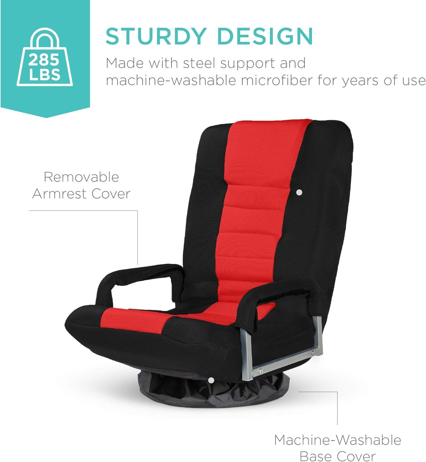 Best Choice Products Swivel Gaming Chair 360 Degree Multipurpose Floor Chair Rocker for TV, Reading, Playing Video Games w/Lumbar Support, Armrest Handles, Adjustable Foldable Backrest - Black/Red - Image 6