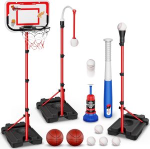 4 in 1 Kids Basketball Hoop and T-Ball Set – Adjustable Hanging T-Ball Stand with Automatic Pitching Machine, Indoor Outdoor Sports Toys, Christmas Birthday Gifts for Boys Girls Ages 3-8