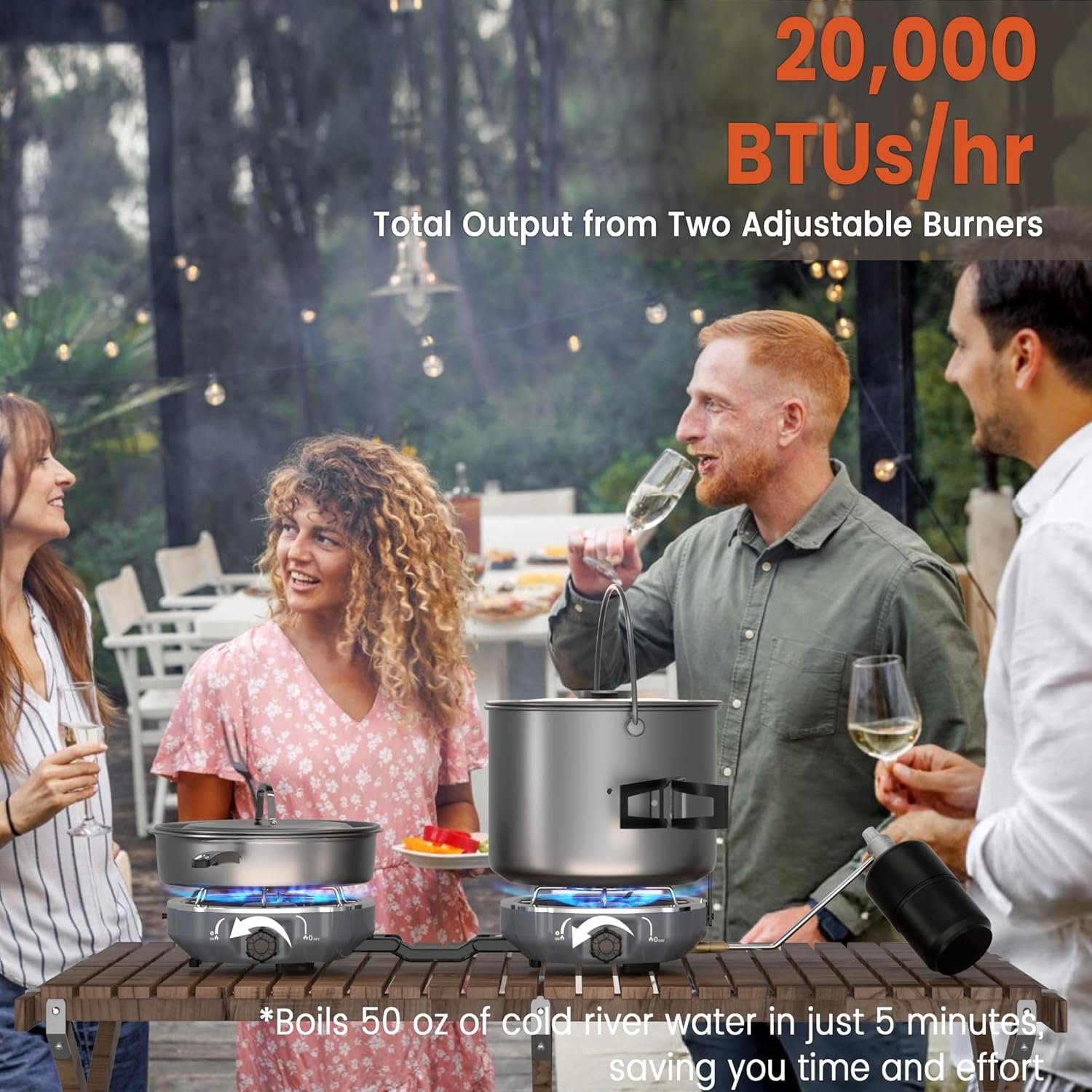 20,000 BTUs 2 Burner Propane Camping Stove, Portable Folding Camp Stove with Adjustable Burners, Built-in Ignition and Carrying Bag, Dual Gas Stoves for Tailgating, Camping, BBQ Overland Grey - Image 3