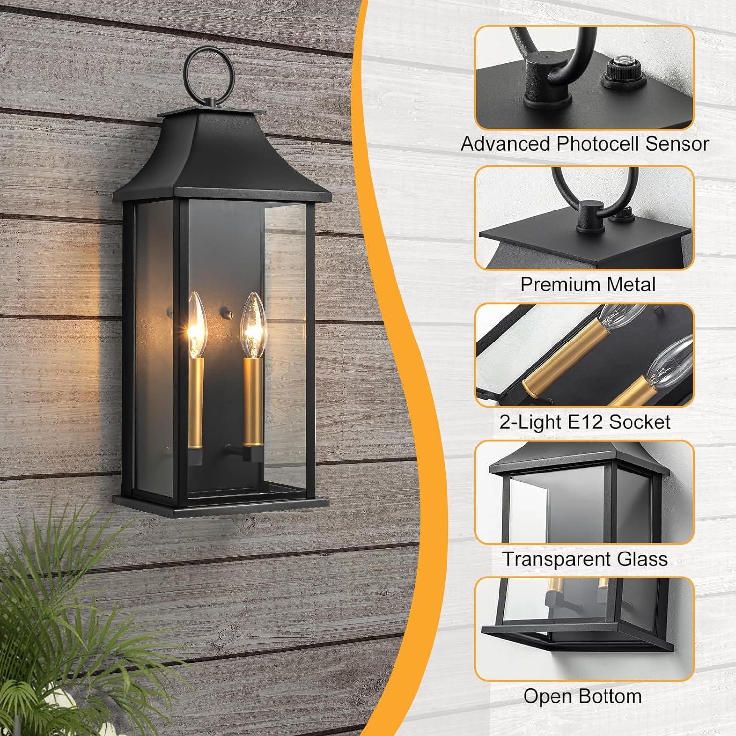 Dusk to Dawn Outdoor Wall Lantern 2-Light, 20.6" Large Outside Wall Sconce, Modern Black Wall Light Fixture with Glass, Waterproof Exterior Lamp for House, Porch, Garage - Image 5