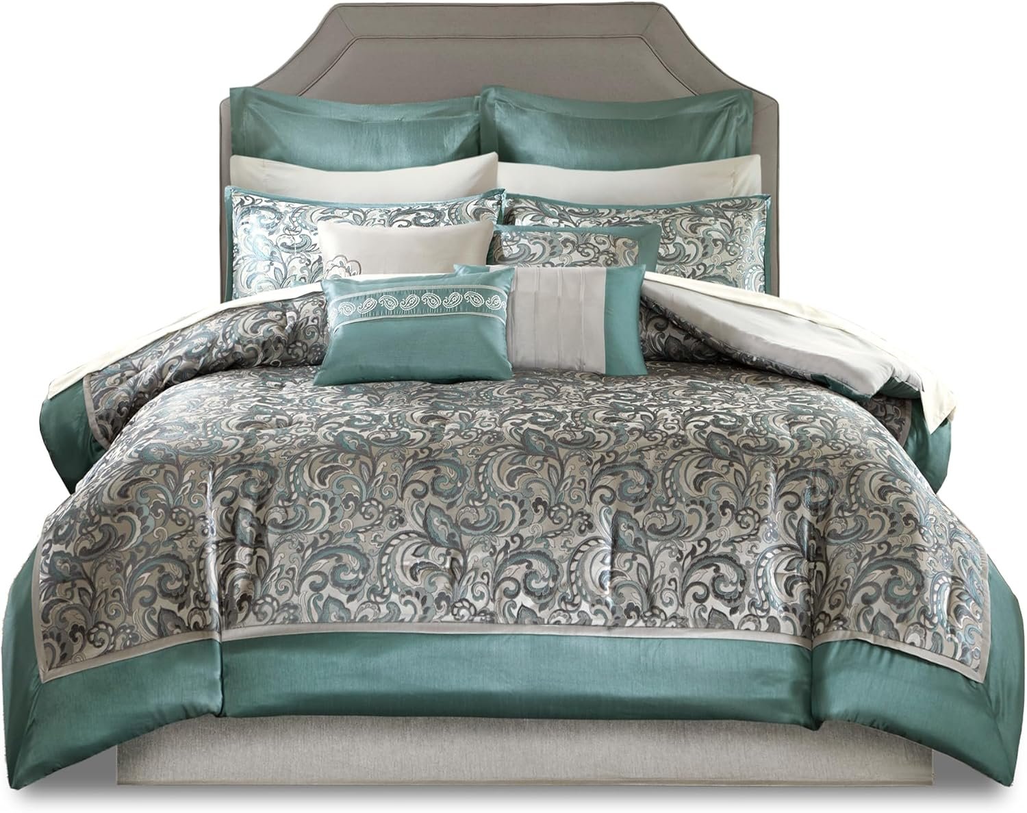 Madison Park Essentials Brystol 24 Piece Room in a Bag Faux Silk Comforter Jacquard Paisley Design Matching Curtains Down Alternative Hypoallergenic All Season Bedding-Set, King (104 in x 92 in), Teal - Image 17