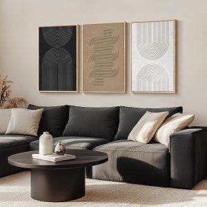 Large Framed Black and White Neutral Abstract Wall Art for Living Room, 3 Piece Boho Canvas Prints Paintings Artwork for Walls, Minimalist Geometric Pictures for Hallway Office Wall Decor 24×36 In