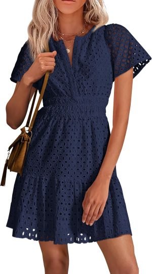 PRETTYGARDEN Womens 2025 Summer Short Dress V Neck Short Sleeve A Line Hollow Out Lace Ruf...