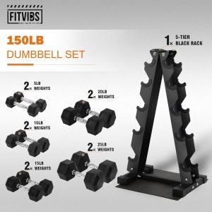 Fitvids Rubber Coated Hex Dumbbell Weight Set and Storage Rack, 100LB Set or 150LB Set, 5-20 lbs Pairs or 5-25 lbs Pairs