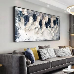 Wall Art Leaf Botanical White and Blue Modern Artwork Canvas Painting for Living Room Bedroom Dining Room Home Office Decor 20″x40″ with Framed