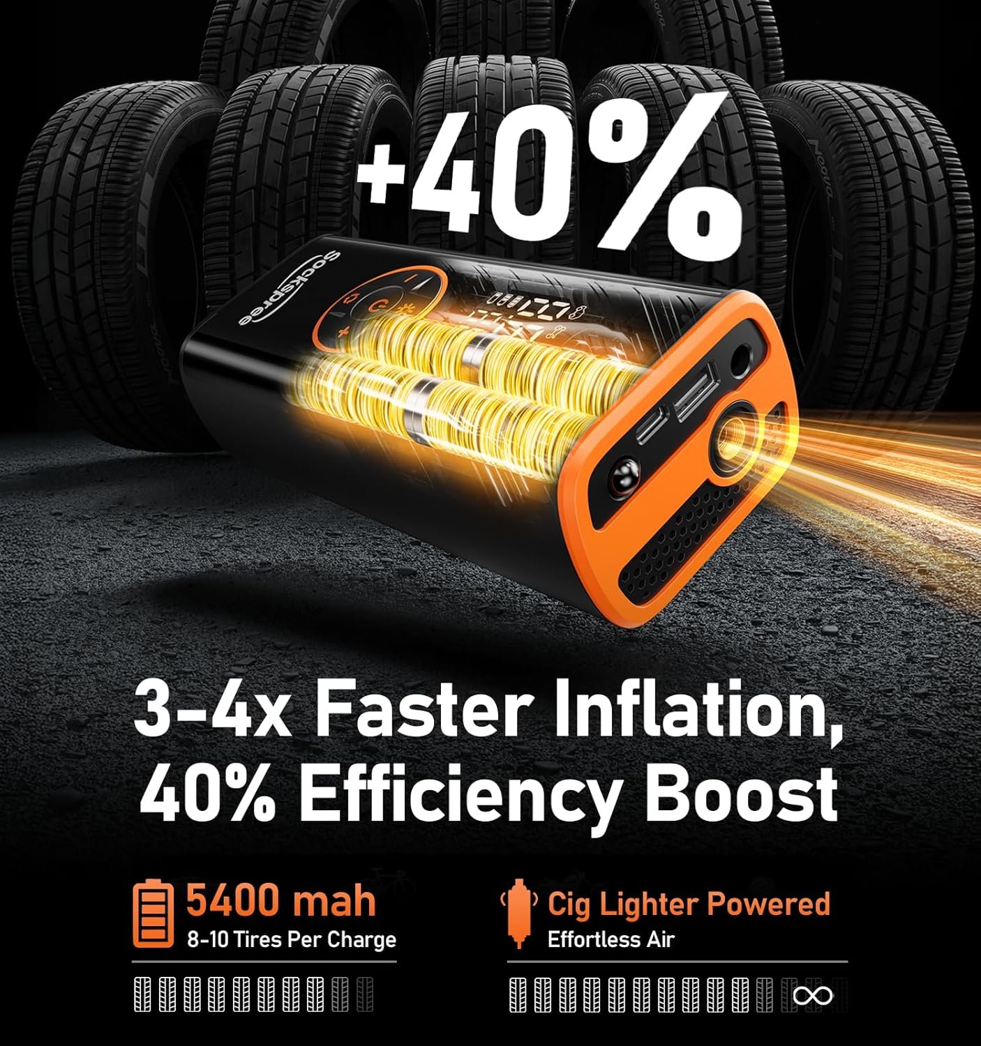 Tire Inflator Portable Air Compressor 5 in 1 Cordless Smart Pump with Tire Pressure Gauge 150PSI and LED Lights for Cars Bikes Motorcycle Balls Custom Mode Inflatables Orange Black - Image 3
