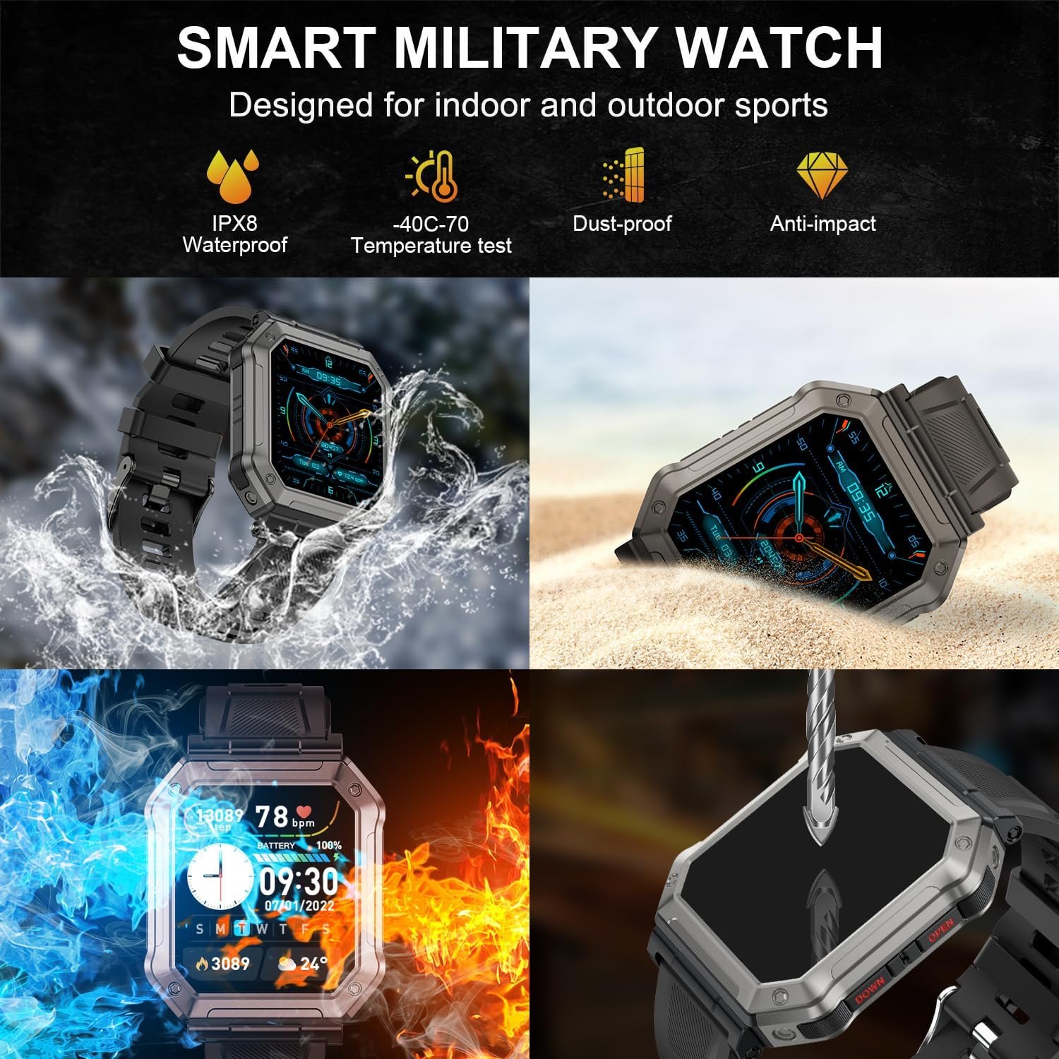Smart Watch for Men Fitness Tracker: Military Digital Mens Watches Bluetooth Make Answer Call Running Waterproof Smartwatch Android Phones iPhone Samsung Compatible Heart Rate Monitor Step Pedometer - Image 6