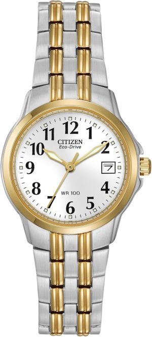 Citizen Women’s Eco-Drive Dress Classic Two Tone Gold Stainless Steel Watch, Easy to Read, White Dial, 26mm (Model: EW1544-53A)