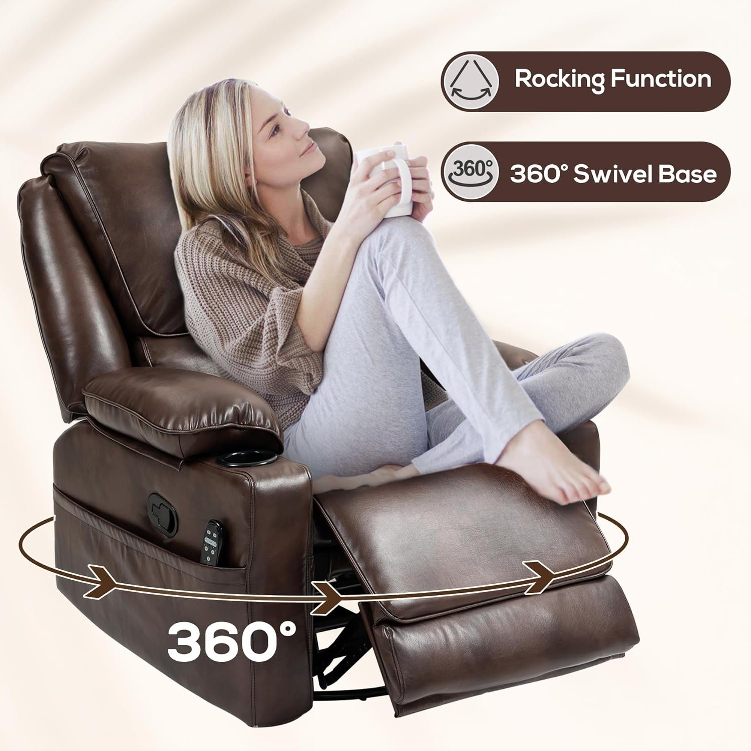 HOMCOM Swivel Rocker Recliner Chair with Vibration Massage and Heat, Oversized PU Leather Ergonomic Lounge Chair with Footrest, Remote, Cup Holders and Side Pockets for Living Room, Brown - Image 6