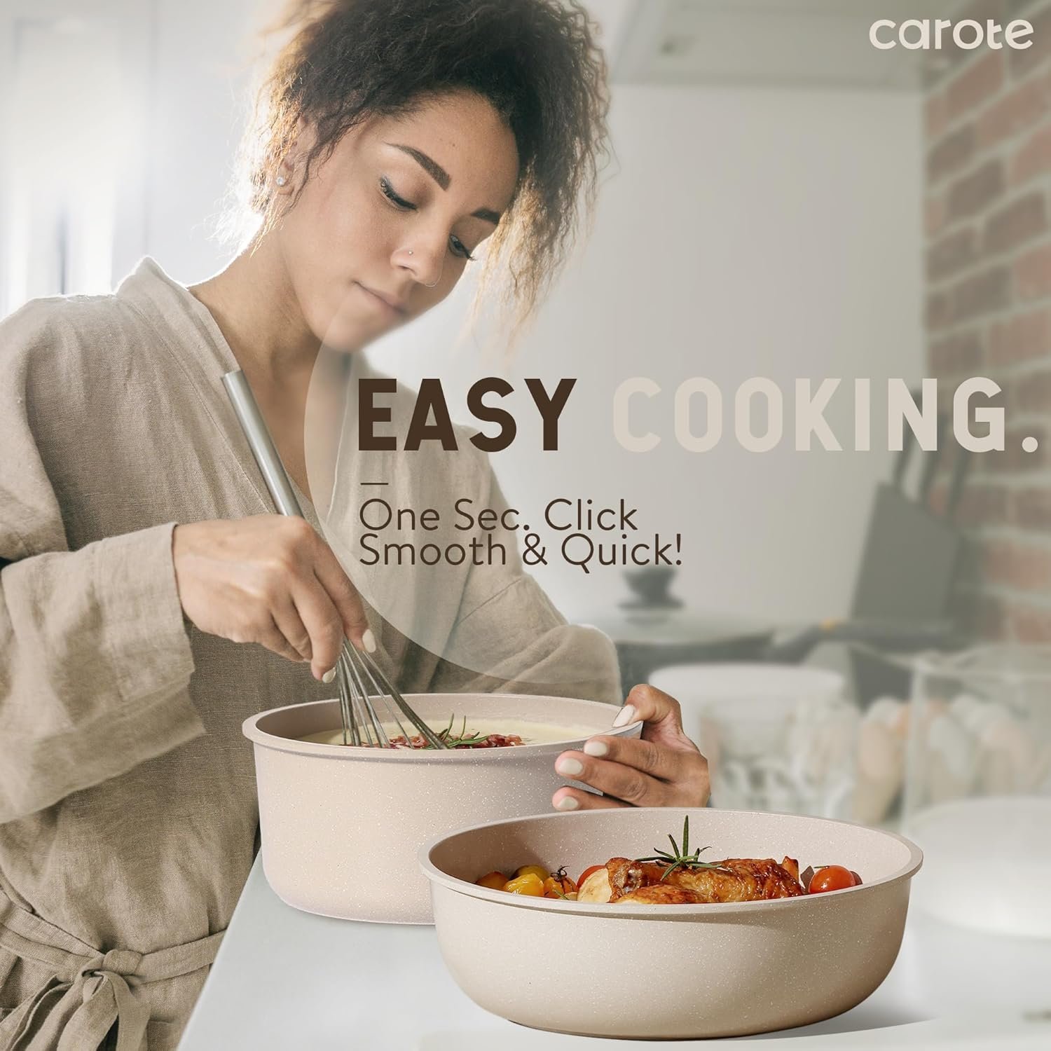 CAROTE 19pcs Pots and Pans Set Non Stick, Nonstick Cookware Set Detachable Handle, Induction Kitchen Cooking Sets with Removable Handle, RV Kitchen, Oven Safe, Taupe - Image 8