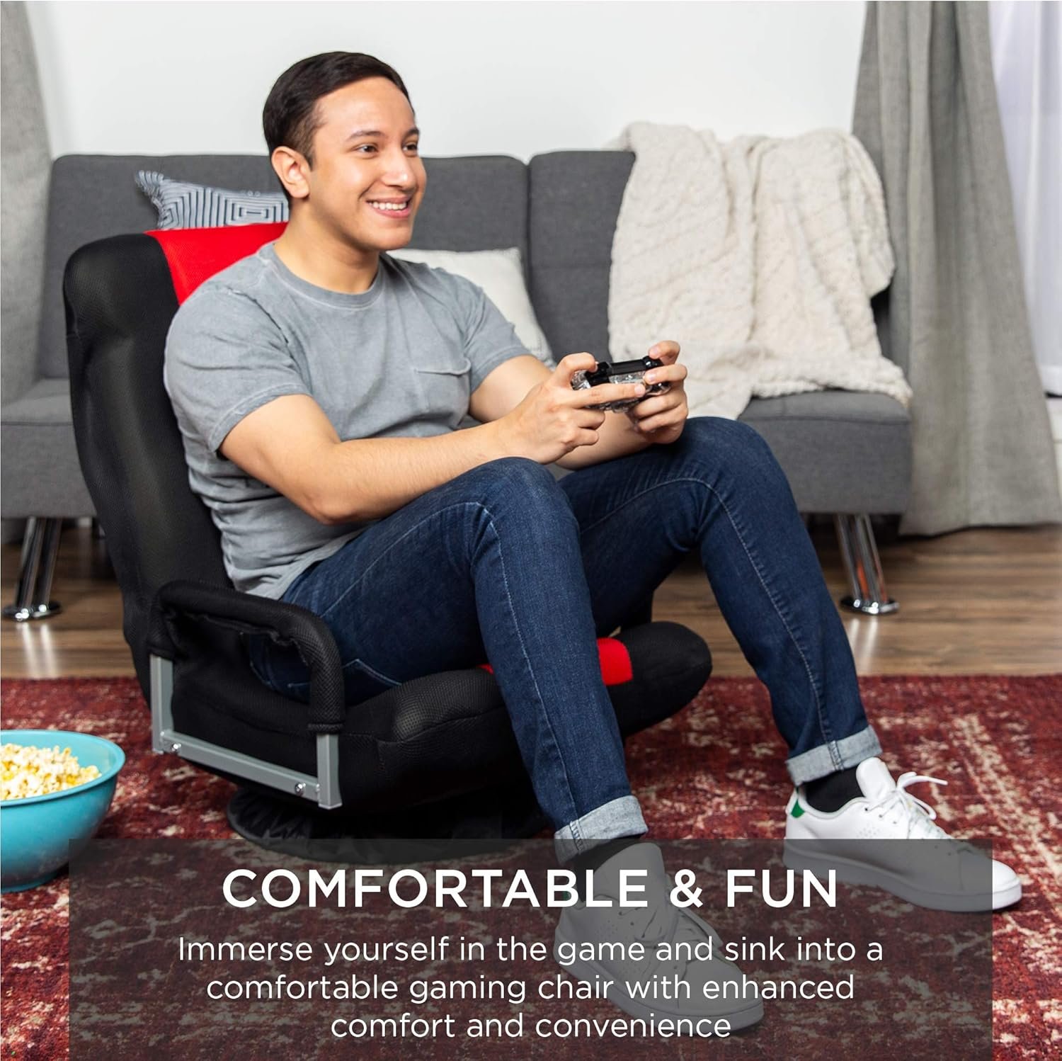 Best Choice Products Swivel Gaming Chair 360 Degree Multipurpose Floor Chair Rocker for TV, Reading, Playing Video Games w/Lumbar Support, Armrest Handles, Adjustable Foldable Backrest - Black/Red - Image 7