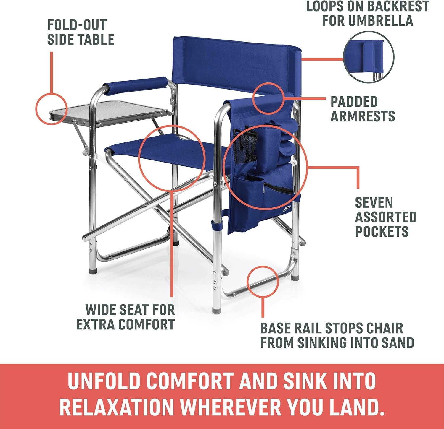 PICNIC TIME Sports Chair with Side Table, Outdoor Foldable Padded Adult Camping Chairs with Cup and Accessory Panel for Lawn, Beach, & Sports Use for Adults, up to 300-lbs Capacity, (Purple) - Image 7