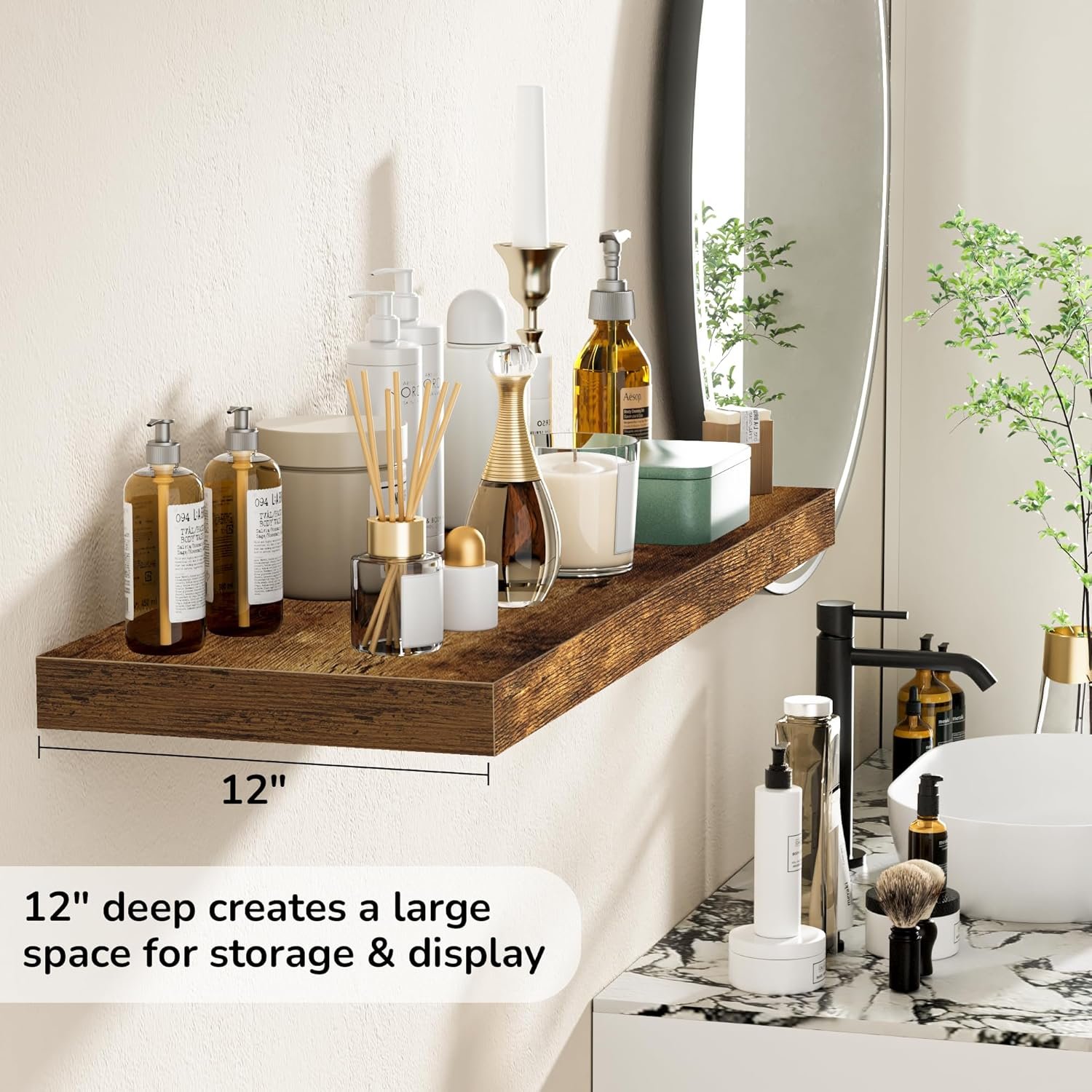 Fun Memories Floating Shelves - 2 Pack 12 Inch Rustic Wooden Wall Shelves - Extra Deeper & Thicker Wall Mounted Storage Shelf for Living Room, Kitchen, Farmhouse - 36" W x 12" D x 1.8" H - Brown - Image 6